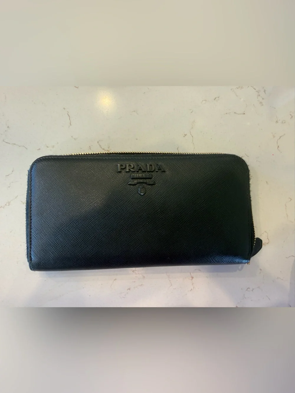 Prada Black Saffiano Leather Zip-Around Wallet with Gold Zipper